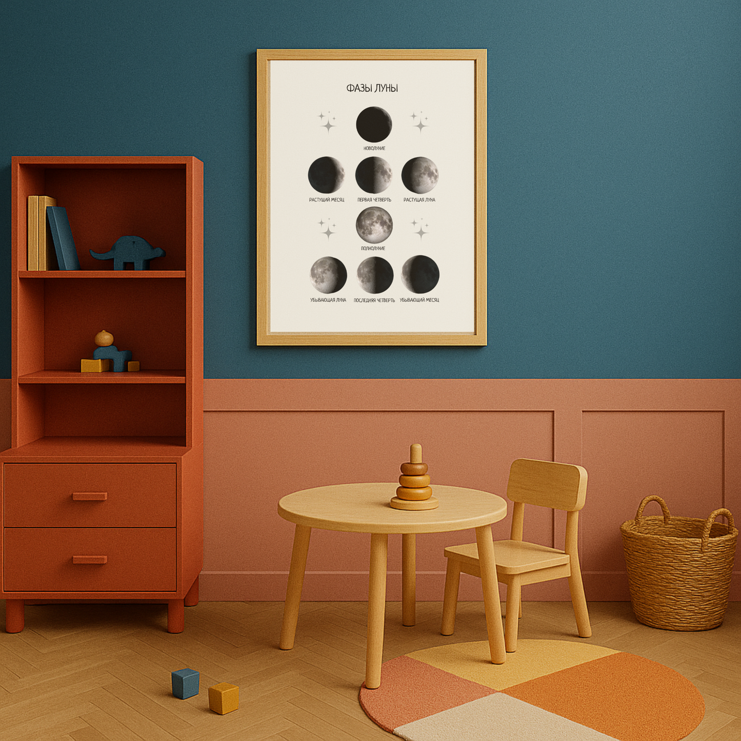 Moon Phases Poster in Russian – Lunar Cycle Wall Art for Kids Room