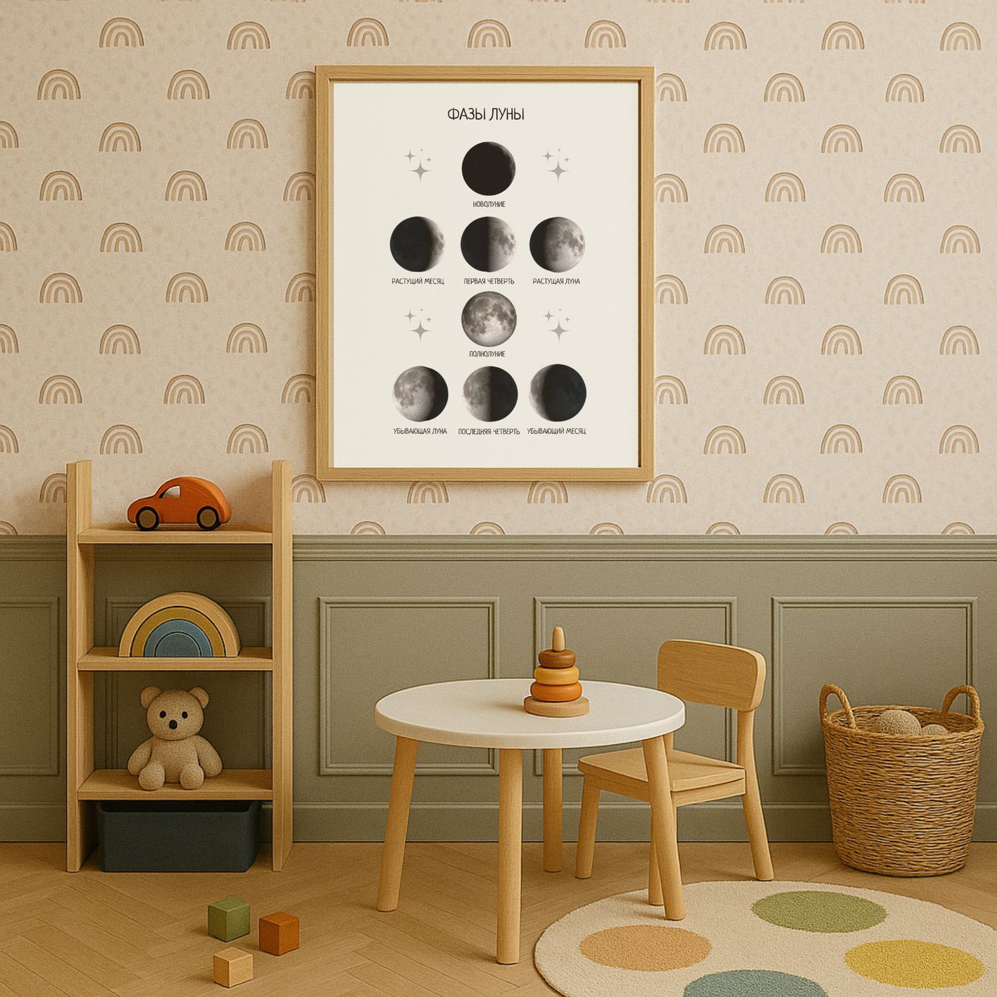 Moon Phases Poster in Russian – Lunar Cycle Wall Art for Kids Room