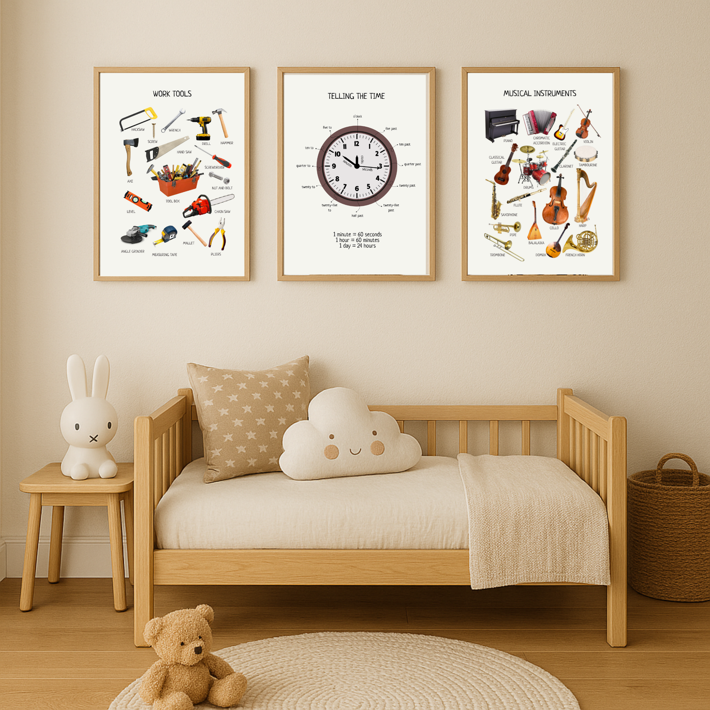 Telling The Time Poster, Time Educational Printables, Neutral Playroom Decor, Kids Educational Poster, Digital Download