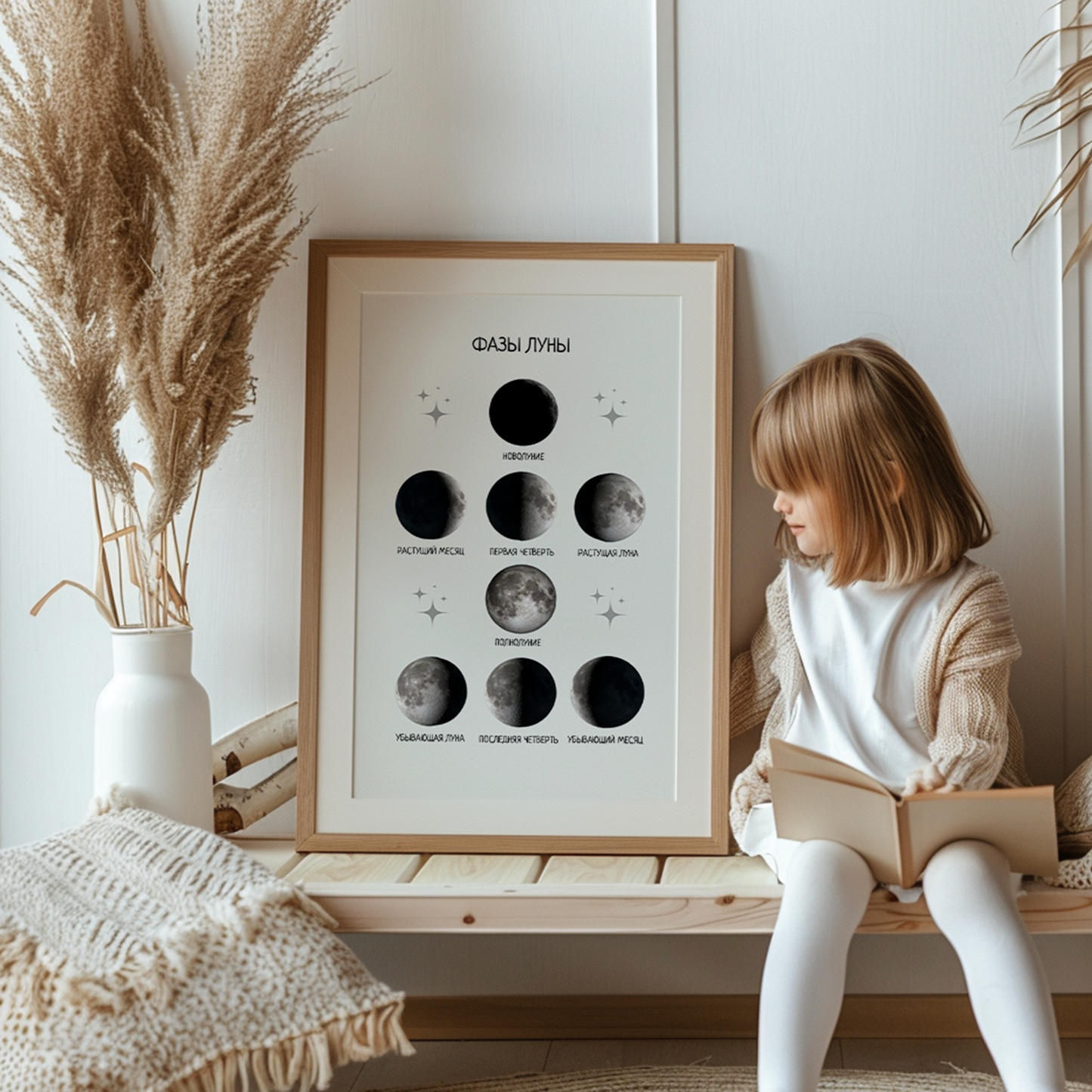 Moon Phases Poster in Russian – Lunar Cycle Wall Art for Kids Room