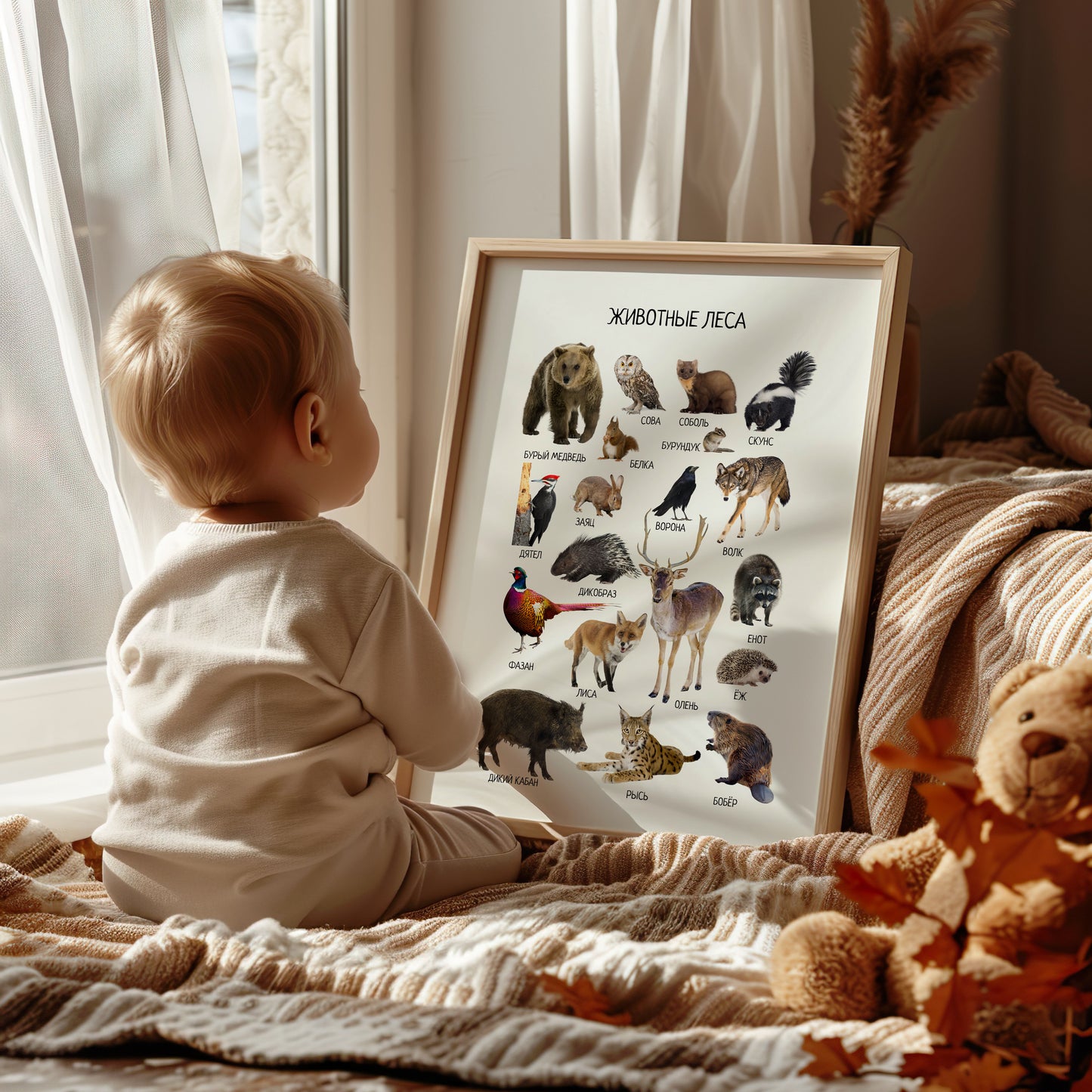 Woodland Animal Posters in Russian – Educational Nursery Wall Print
