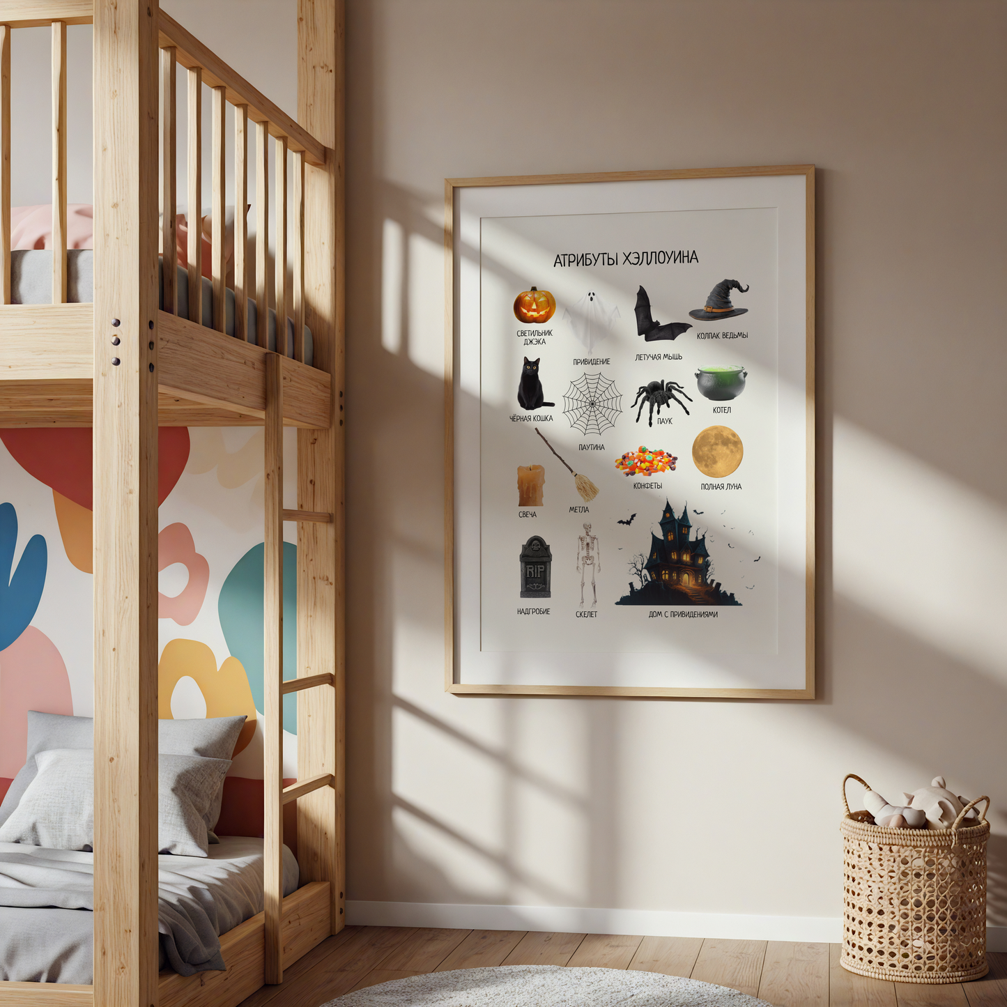Children's room with wooden bunk bed and framed Halloween-themed poster on the wall.