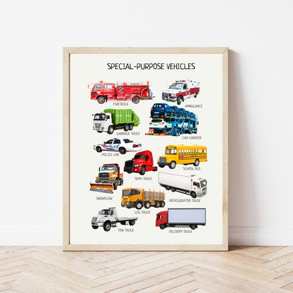 Special Transport Poster, Kids Vehicles Wall Art, Vehicles Print, Montessori Material, Classroom Decor, Nursery Decor, FRAME NOT INCLUDED