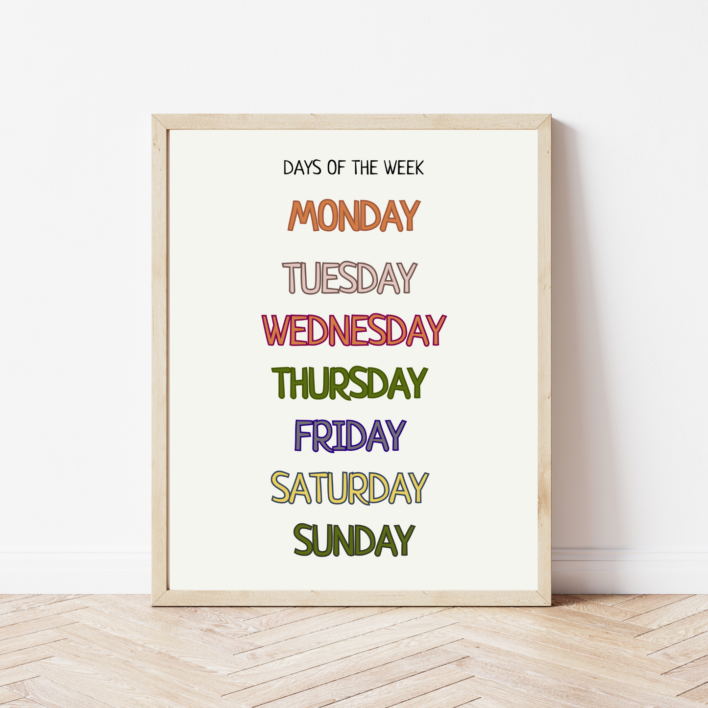 Days of The Week Educational Poster, Montessori Wall Art, Printable Poster, Classroom Decor, Nursery Room Decor, FRAME NOT INCLUDED