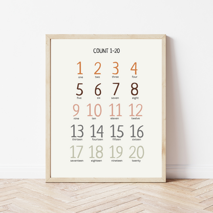 Count 1-20 Number Poster, Educational Montessori Wall Art, Printable Poster, Classroom Decor, Nursery Room Decor, FRAME NOT INCLUDED