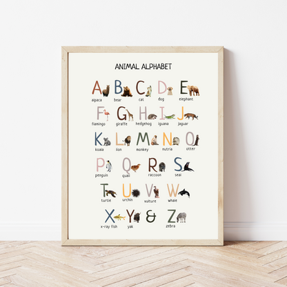 Animal Alphabet Poster (Actual Print), Educational Wall Art Prints, Homeschool Classroom Decor, ABC Poster *Frame not included