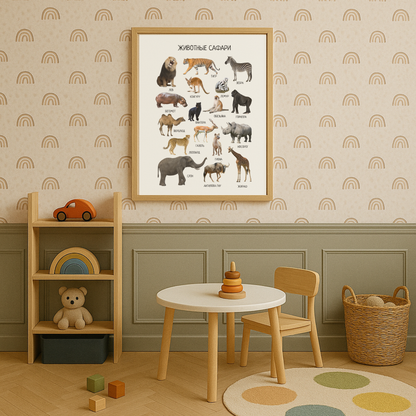 Обучающий плакат "животные сафари" | Educational Poster in Russian, Jungle Animals, Learning Printable Poster, Kids Room Decor