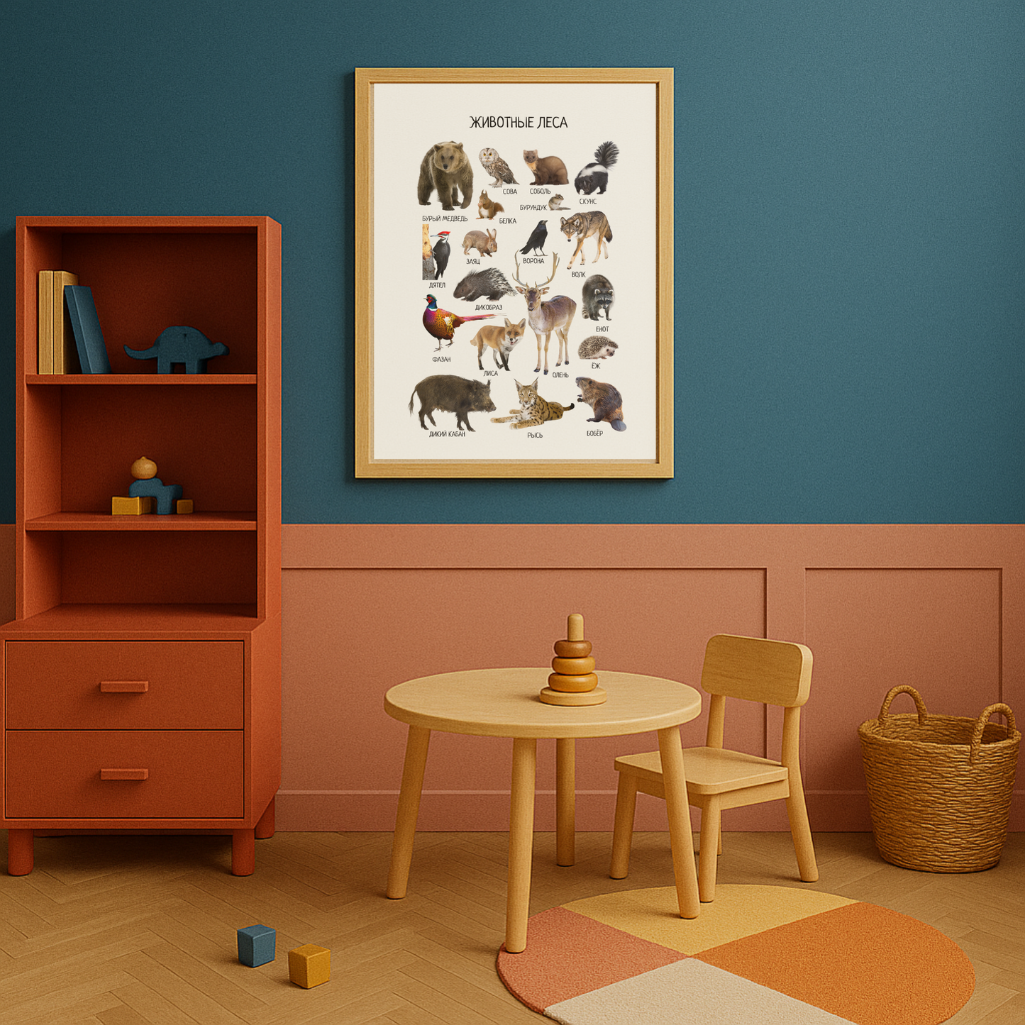 Обучающий плакат "Лесные животные" | Russian Woodland Animals Educational Poster, Homeschool Printable Poster, Kids Room Decor, Digital Download