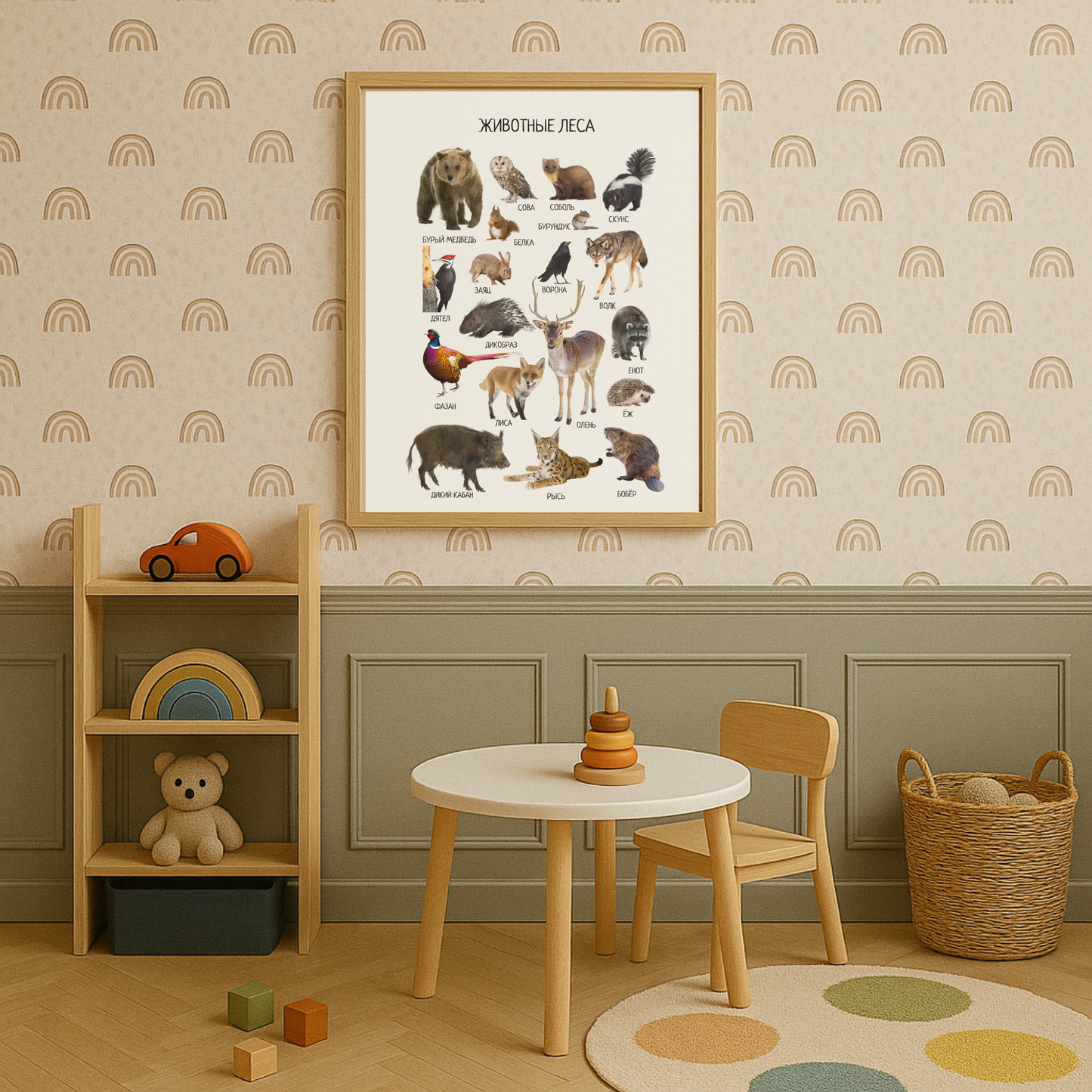 Обучающий плакат "Лесные животные" | Russian Woodland Animals Educational Poster, Homeschool Printable Poster, Kids Room Decor, Digital Download