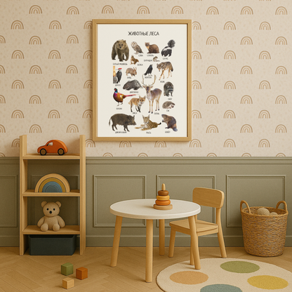 Обучающий плакат "Лесные животные" | Russian Woodland Animals Educational Poster, Homeschool Printable Poster, Kids Room Decor, Digital Download