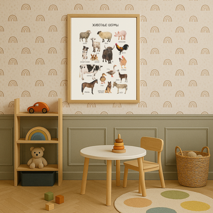 Обучающий плакат "Животные на ферме" | Russian Farm Animals Educational Poster, Homeschool Poster, Kids Room Decor, Digital Download
