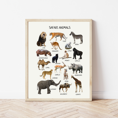 Safari Animals Poster, Wild Animals Poster, Educational Wall Art Poster, Classroom Decor, Nursery Room Decor, FRAME NOT INCLUDED