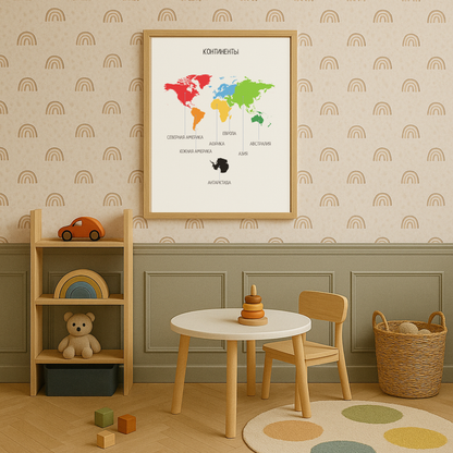 Обучающий плакат "Континенты" | Educational Poster in Russian, Printable Poster, Kids Room Decor, Various Sizes Available for Download