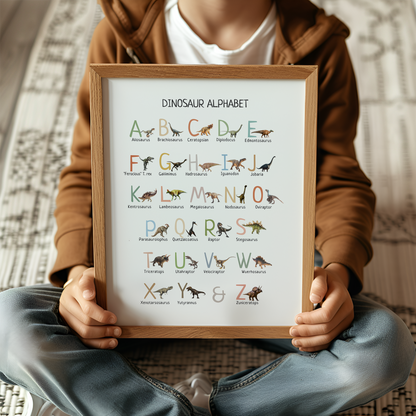 Dinosaur Alphabet Poster Printable, Dino ABC Wall Art, Kids Educational Print, Nursery Decor, Preschool Learning Chart, Digital Download
