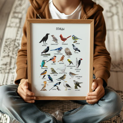 Постер "Птицы"| Educational Poster "Birds" (Actual Print) in Russian. Home & Classroom Decor, *Frame not included