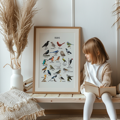 Birds Poster, Educational Poster, Montessori Printable Wall Art, Common Birds Poster, Classroom Decor, Nursery Decor, FRAME NOT INCLUDED