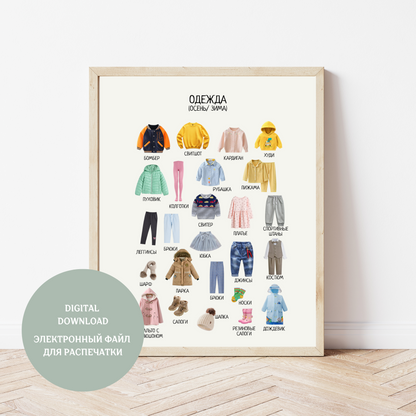 Winter Clothes Educational Poster in Russian | Learning Printable Poster | Digital Download