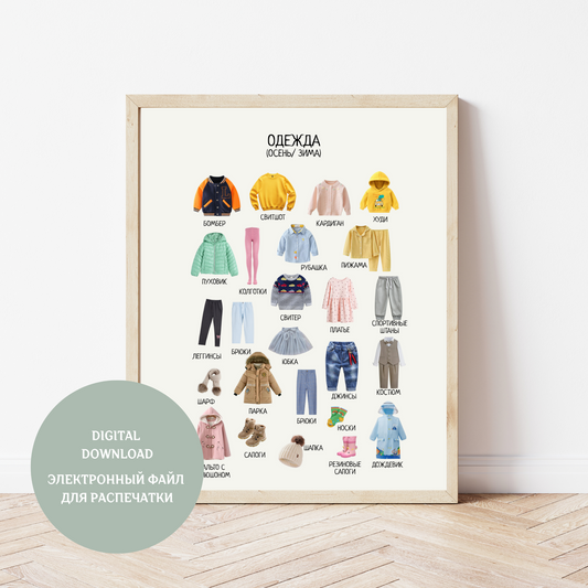 Winter Clothes Educational Poster in Russian | Learning Printable Poster | Digital Download