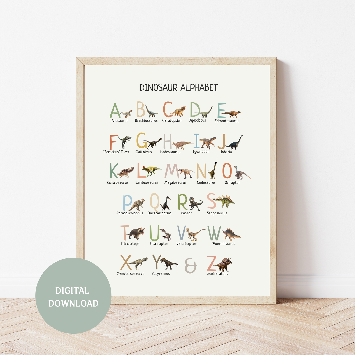 Dinosaur Alphabet Poster Printable, Dino ABC Wall Art, Kids Educational Print, Nursery Decor, Preschool Learning Chart, Digital Download