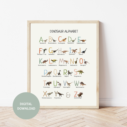 Dinosaur Alphabet Poster Printable, Dino ABC Wall Art, Kids Educational Print, Nursery Decor, Preschool Learning Chart, Digital Download