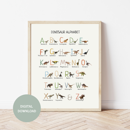 Dinosaur Alphabet Poster Printable, Dino ABC Wall Art, Kids Educational Print, Nursery Decor, Preschool Learning Chart, Digital Download