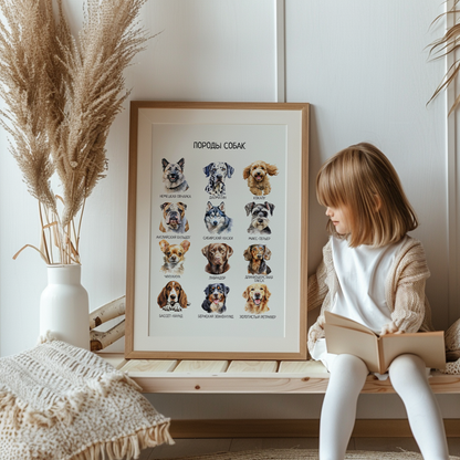 Постер "Породы собак"| Educational Poster (Actual Print) in Russian. Home & Classroom Decor, *Frame not included