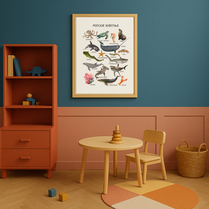 Обучающий плакат "Морские животные" | Marine Animals Educational Poster in Russian, Montessori Printable Learning Poster
