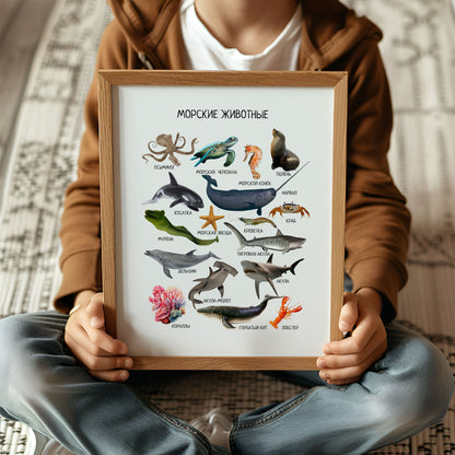 Marine Animals Poster in Russian – Ocean Life Wall Print for Kids