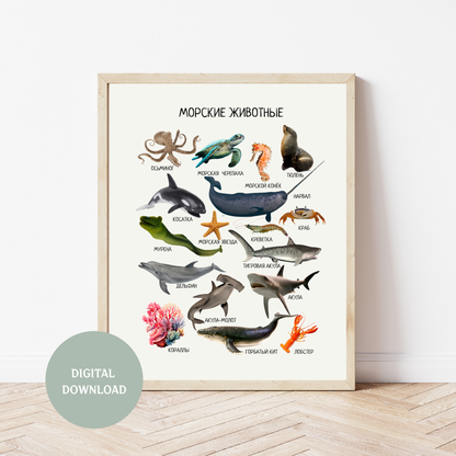 Обучающий плакат "Морские животные" | Marine Animals Educational Poster in Russian, Montessori Printable Learning Poster