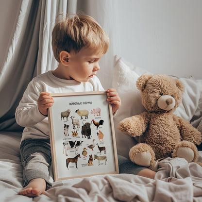 Обучающий плакат "Животные на ферме" | Russian Farm Animals Educational Poster, Homeschool Poster, Kids Room Decor, Digital Download