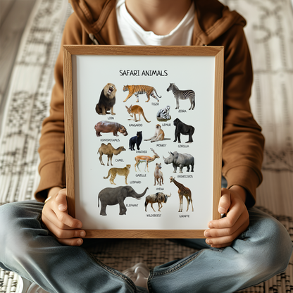 Safari Animals Poster, Wild Animals Poster, Educational Wall Art Poster, Classroom Decor, Nursery Room Decor, FRAME NOT INCLUDED