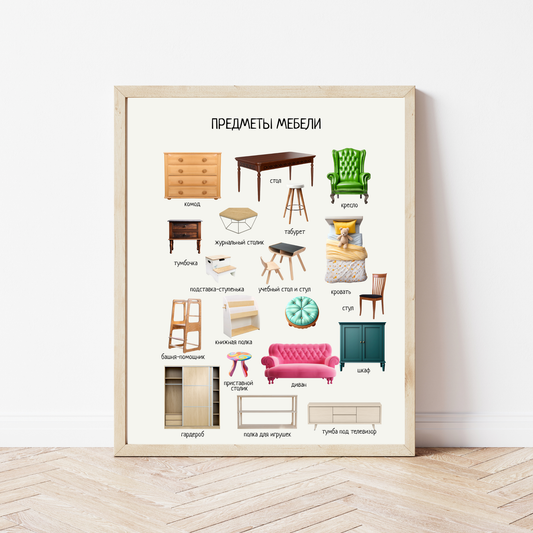 Furniture Poster in Russian | Montessori Educational Wall Art | Homeschool Learning Decor