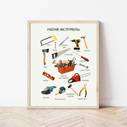 Work Tools Educational Poster in Russian | Homeschool Learning Poster, Kids Room Decor