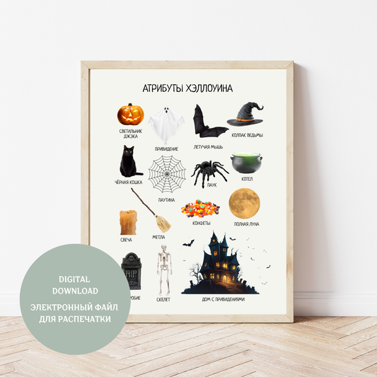 Framed Halloween-themed poster with icons and text on a white wall.