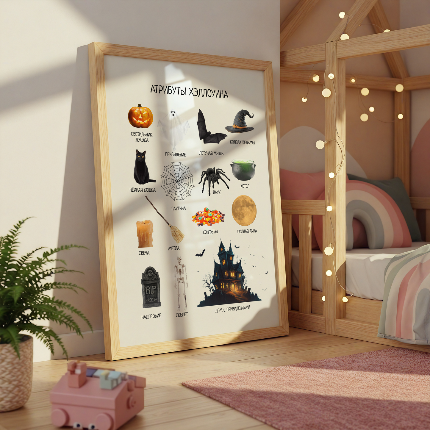 Framed educational poster on a wall in a child's room with Halloween-themed illustrations.