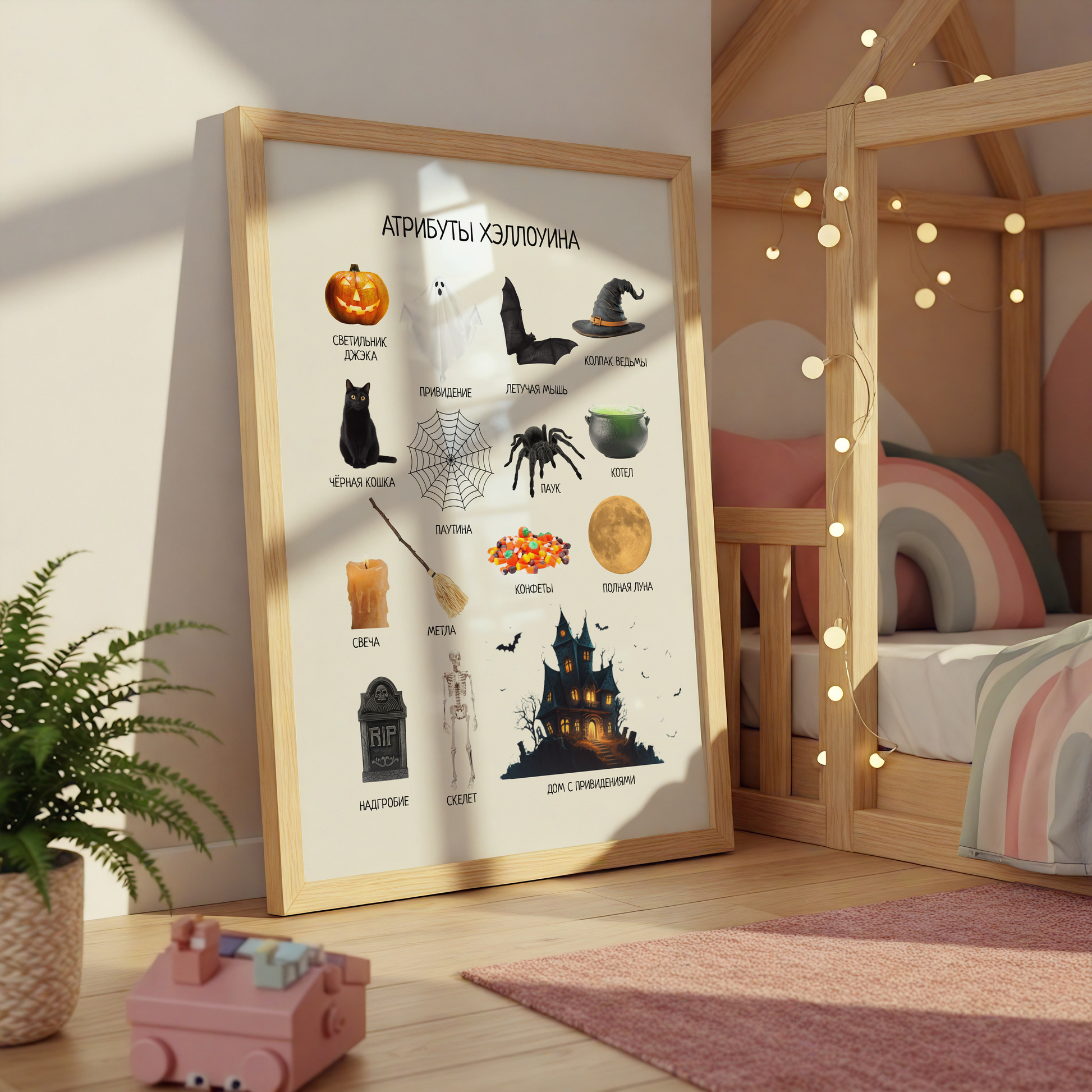Framed educational poster on a wall in a child's room with Halloween-themed illustrations.