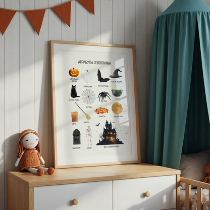 Framed Halloween-themed print on a wooden shelf with a toy and decorative elements.