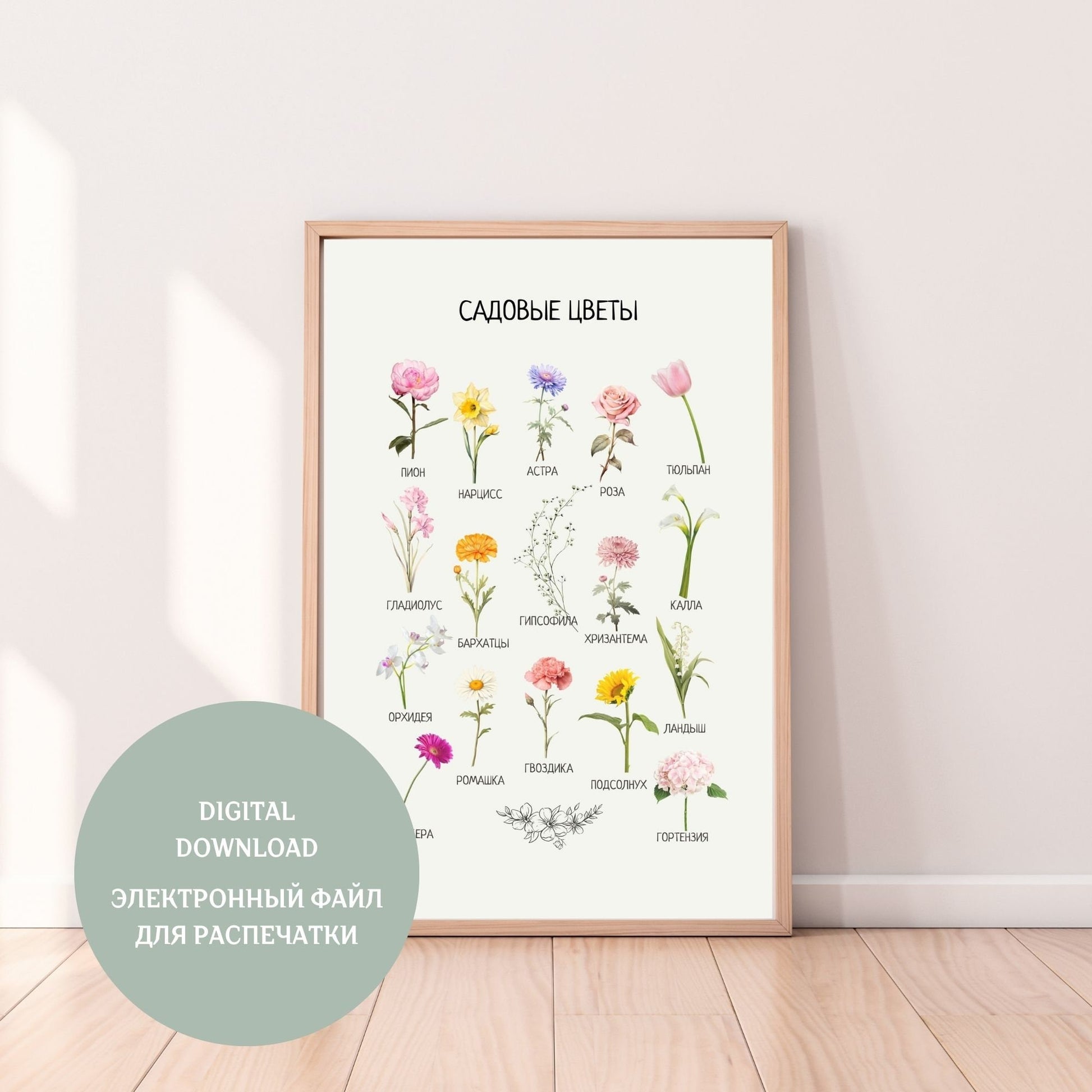 Garden Flowers, Educational Poster in Russian, Montessori Poster, Learning Posters, Kids Room Decor, Nursery Wall Art, Printable Posters