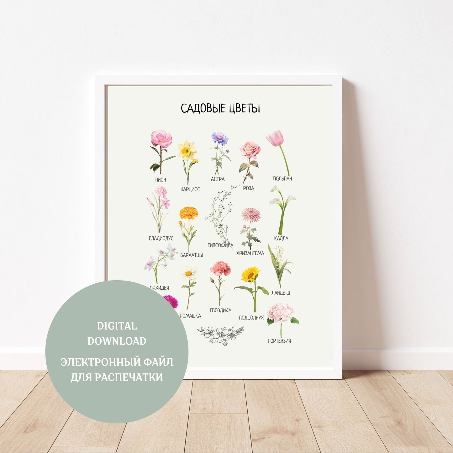 Garden Flowers, Educational Poster in Russian, Montessori Poster, Learning Posters, Kids Room Decor, Nursery Wall Art, Printable Posters