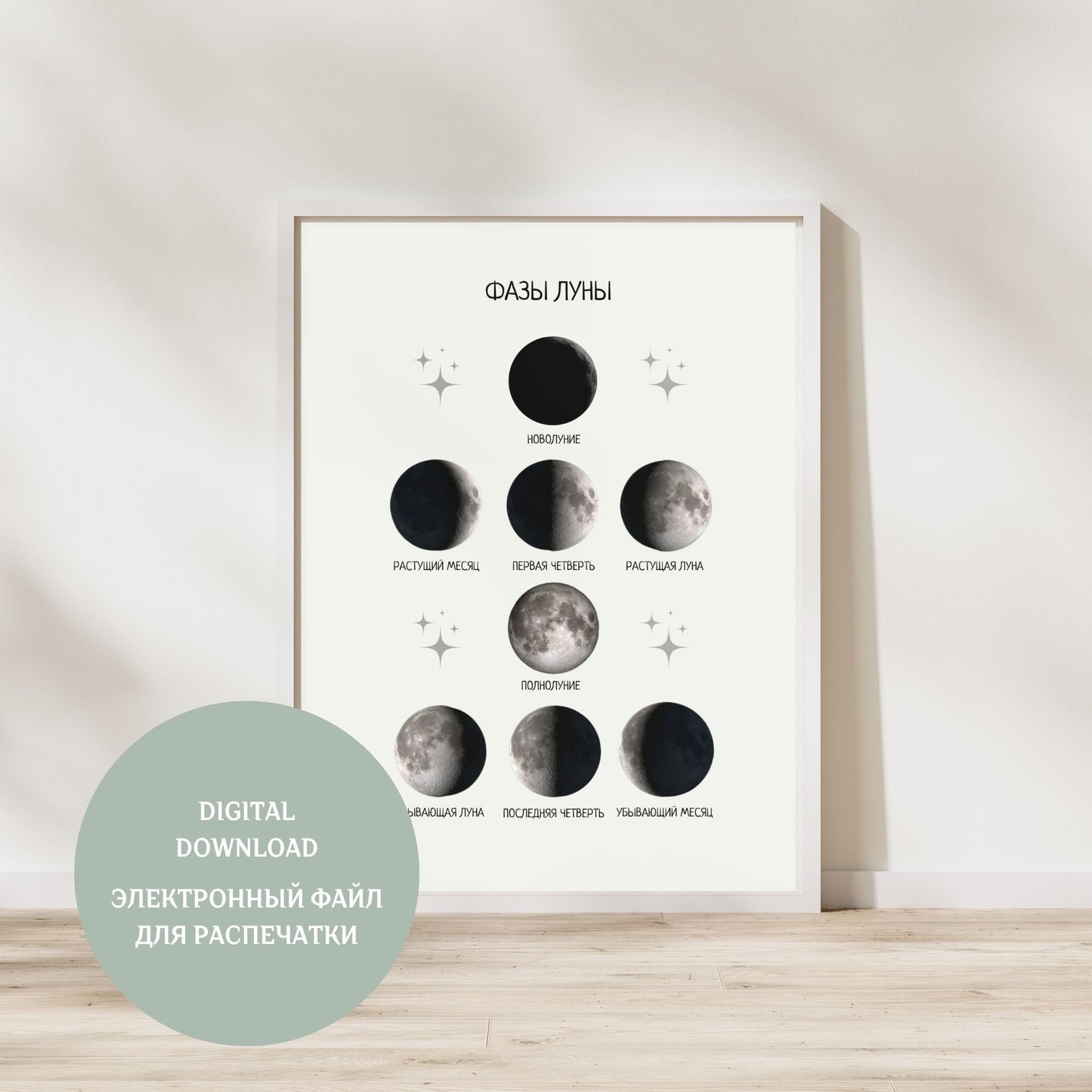 Moon Phases, Educational Poster in Russian, Montessori Poster, Learning Poster, Kids Room Decor, Printable Poster