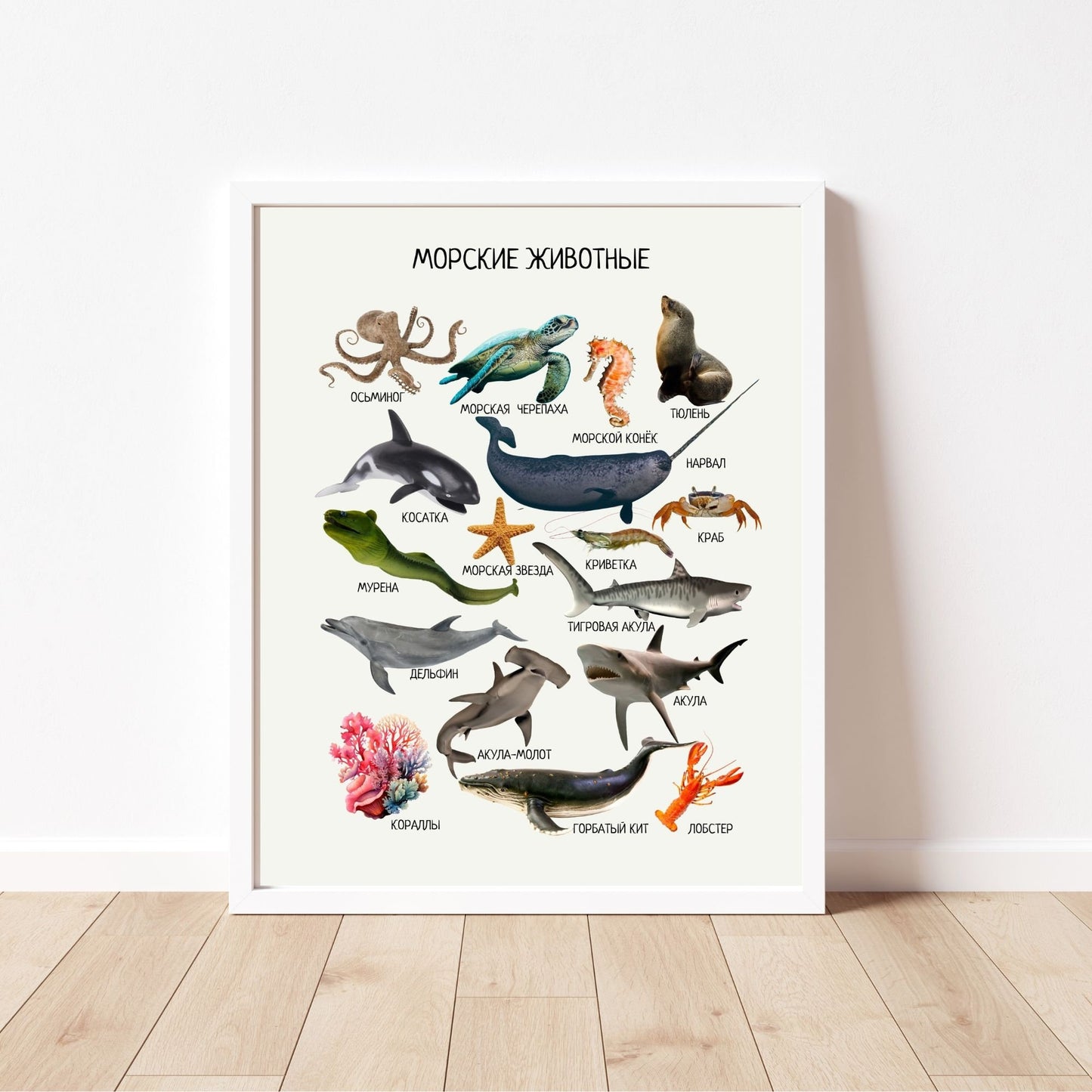 Постер "Морские животные"| Educational Poster "Ocean Animals"(Actual Print) in Russian. Home & Classroom Decor, *Frame not included