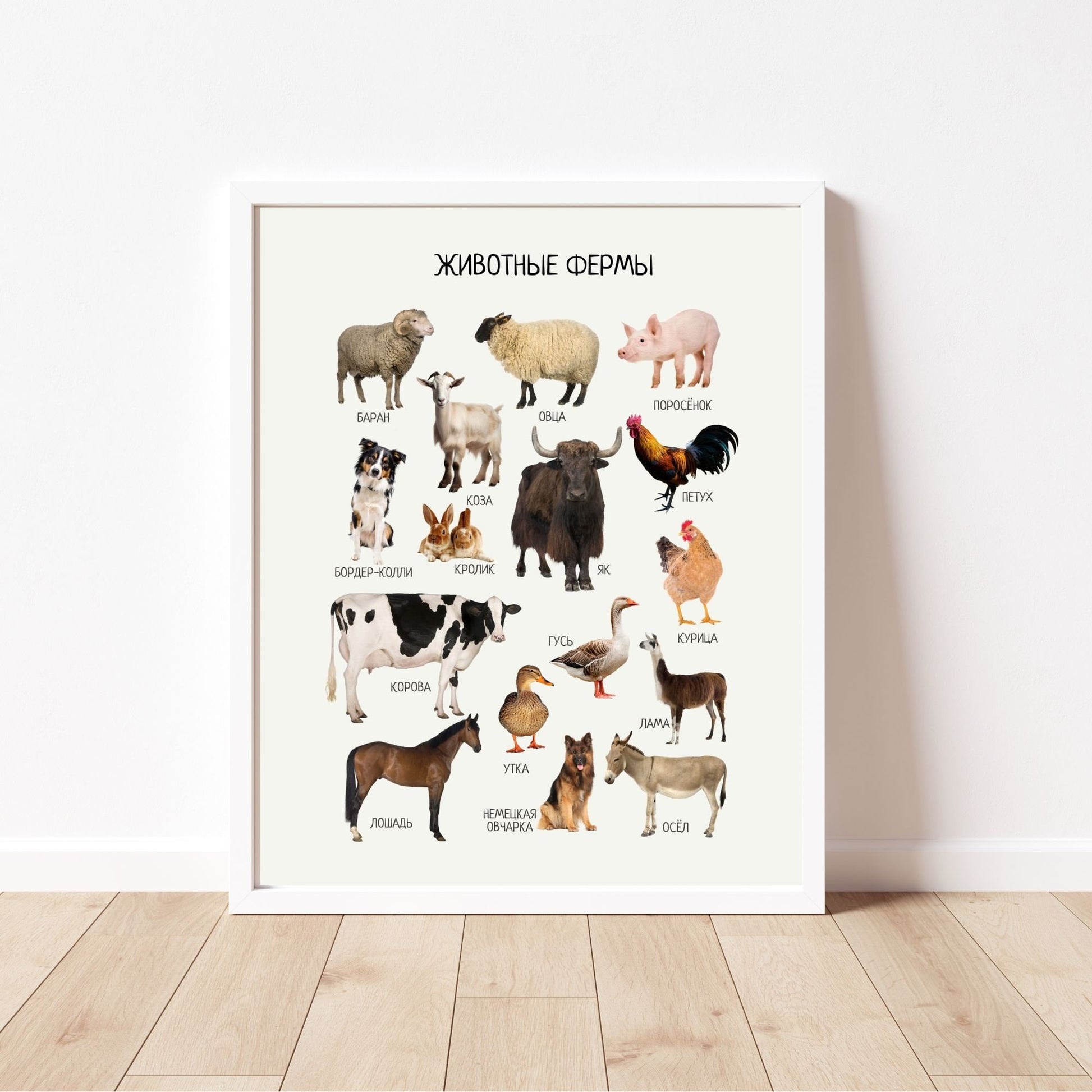 Постер "Животные фермы"| Educational Poster "Farm Animals" (Actual Print) in Russian. Home & Classroom Decor, *Frame not included