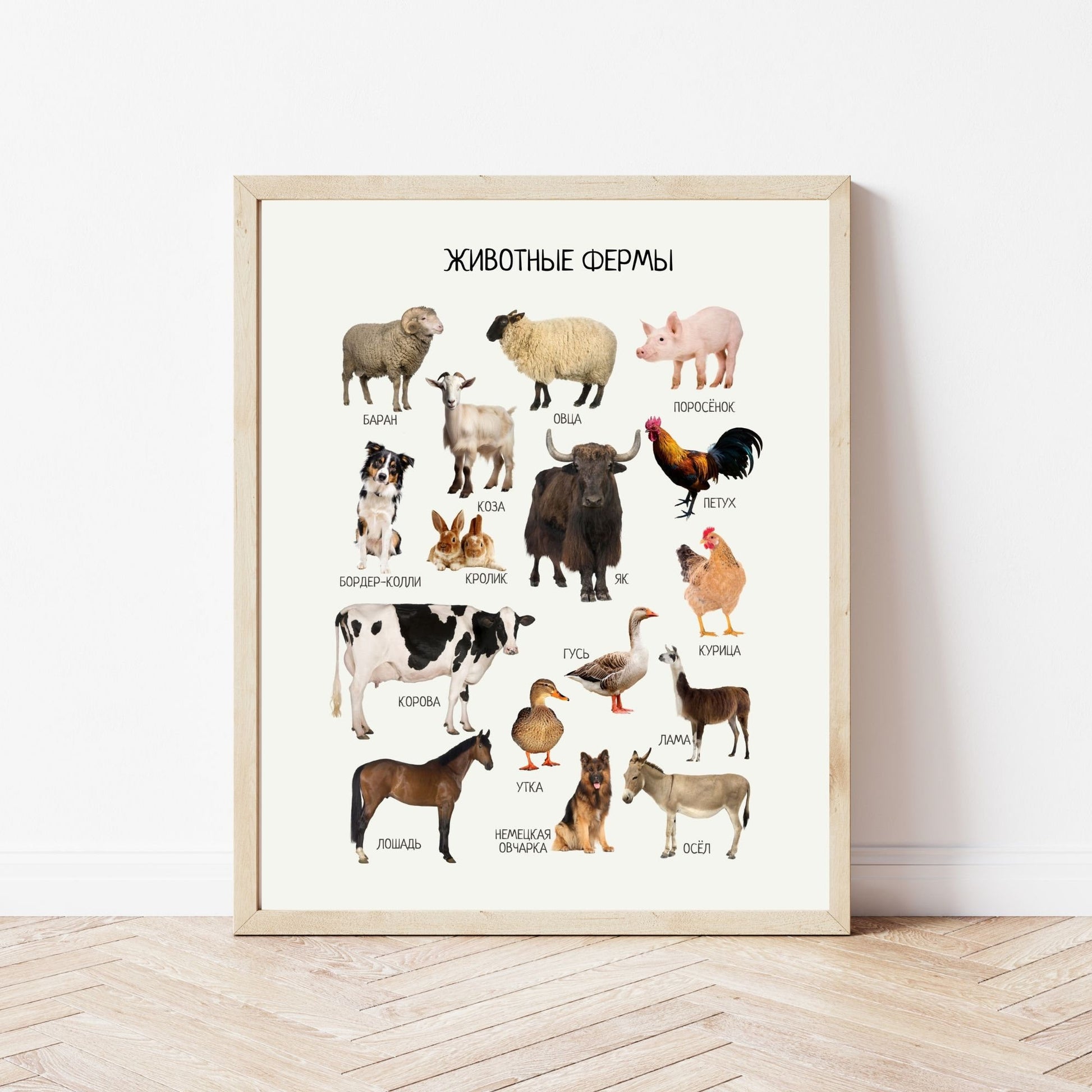 Постер "Животные фермы"| Educational Poster "Farm Animals" (Actual Print) in Russian. Home & Classroom Decor, *Frame not included