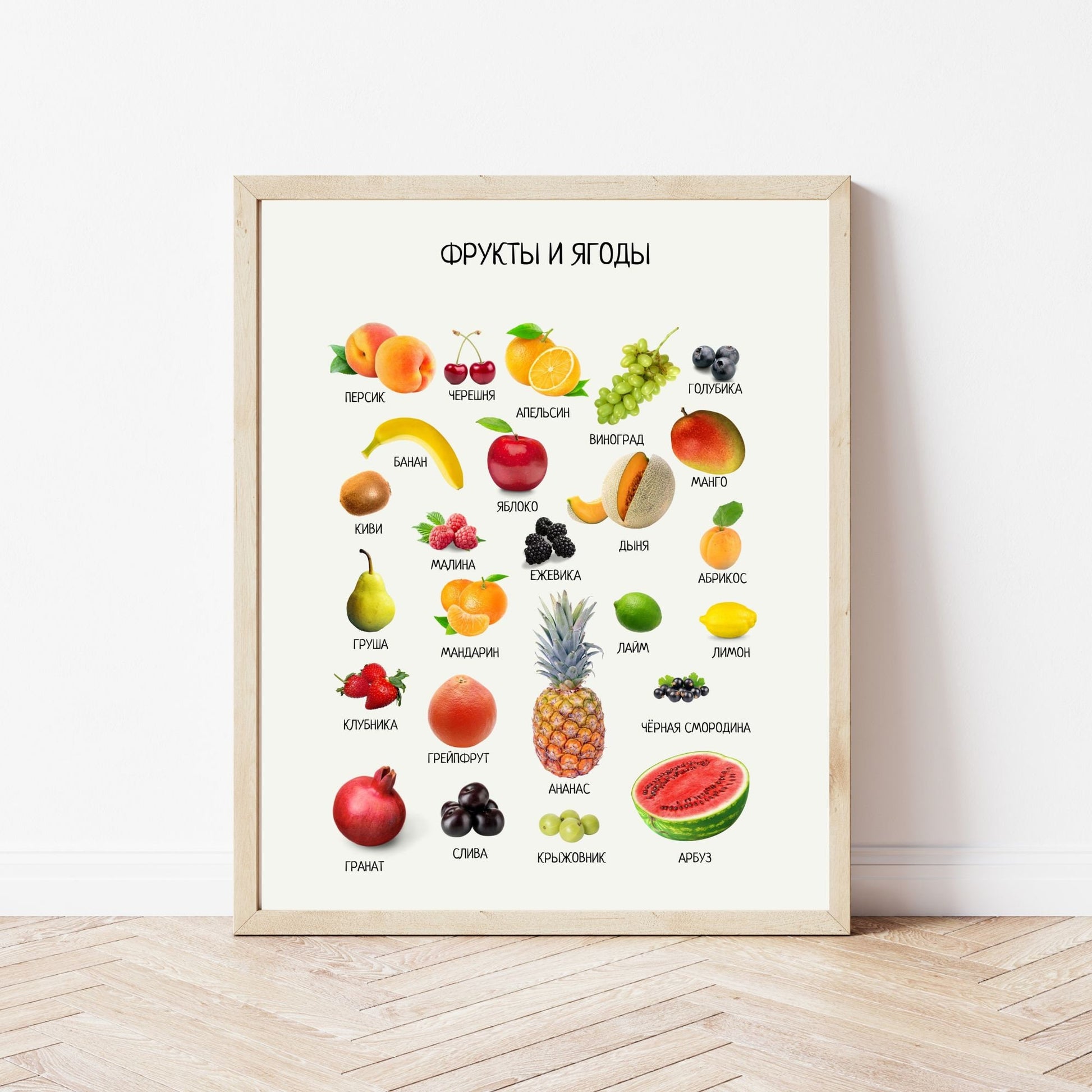 Постер "Фрукты и Ягоды"| Educational Poster "Fruits and Berries" (Actual Print) in Russian. Home & Classroom Decor, *Frame not included