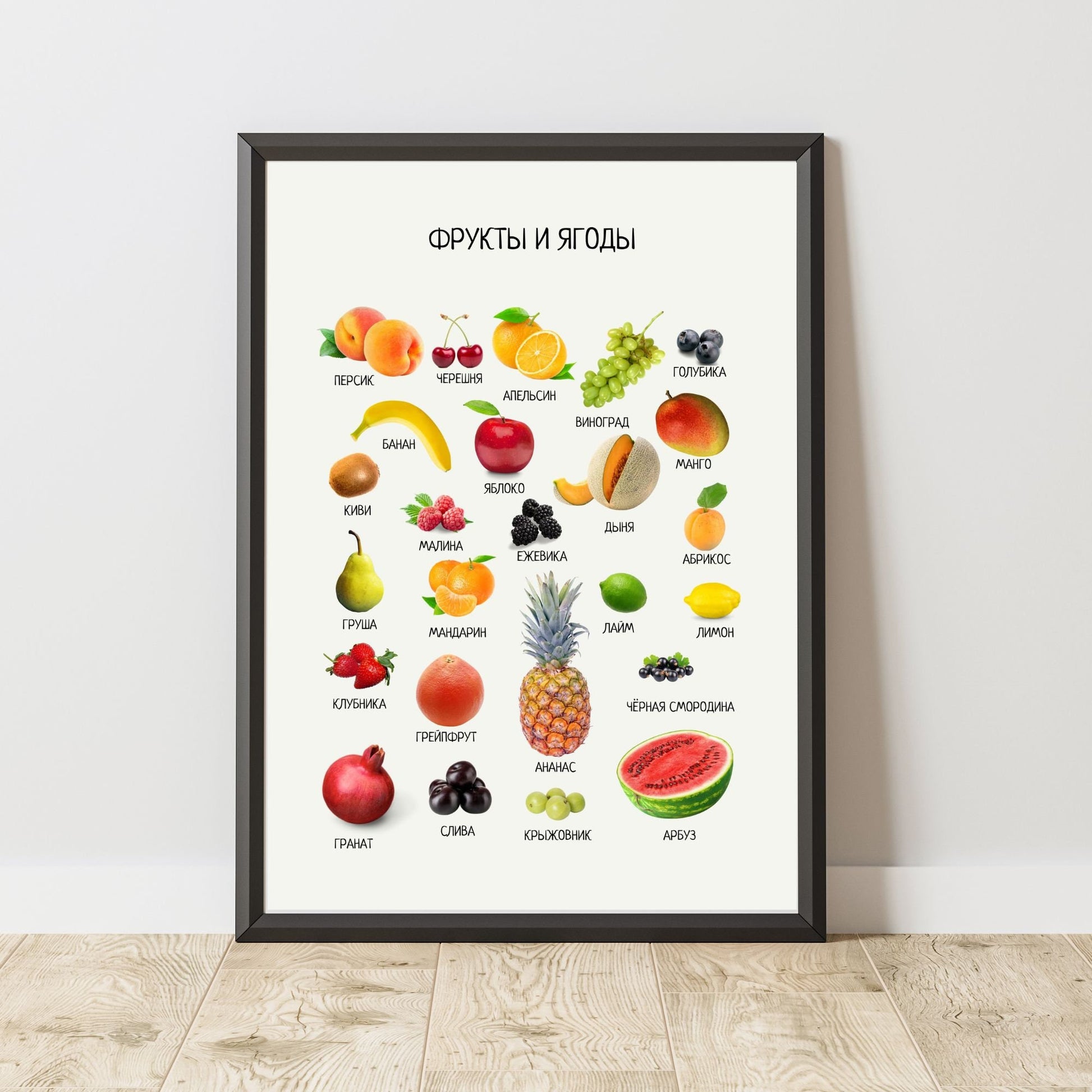 Постер "Фрукты и Ягоды"| Educational Poster "Fruits and Berries" (Actual Print) in Russian. Home & Classroom Decor, *Frame not included