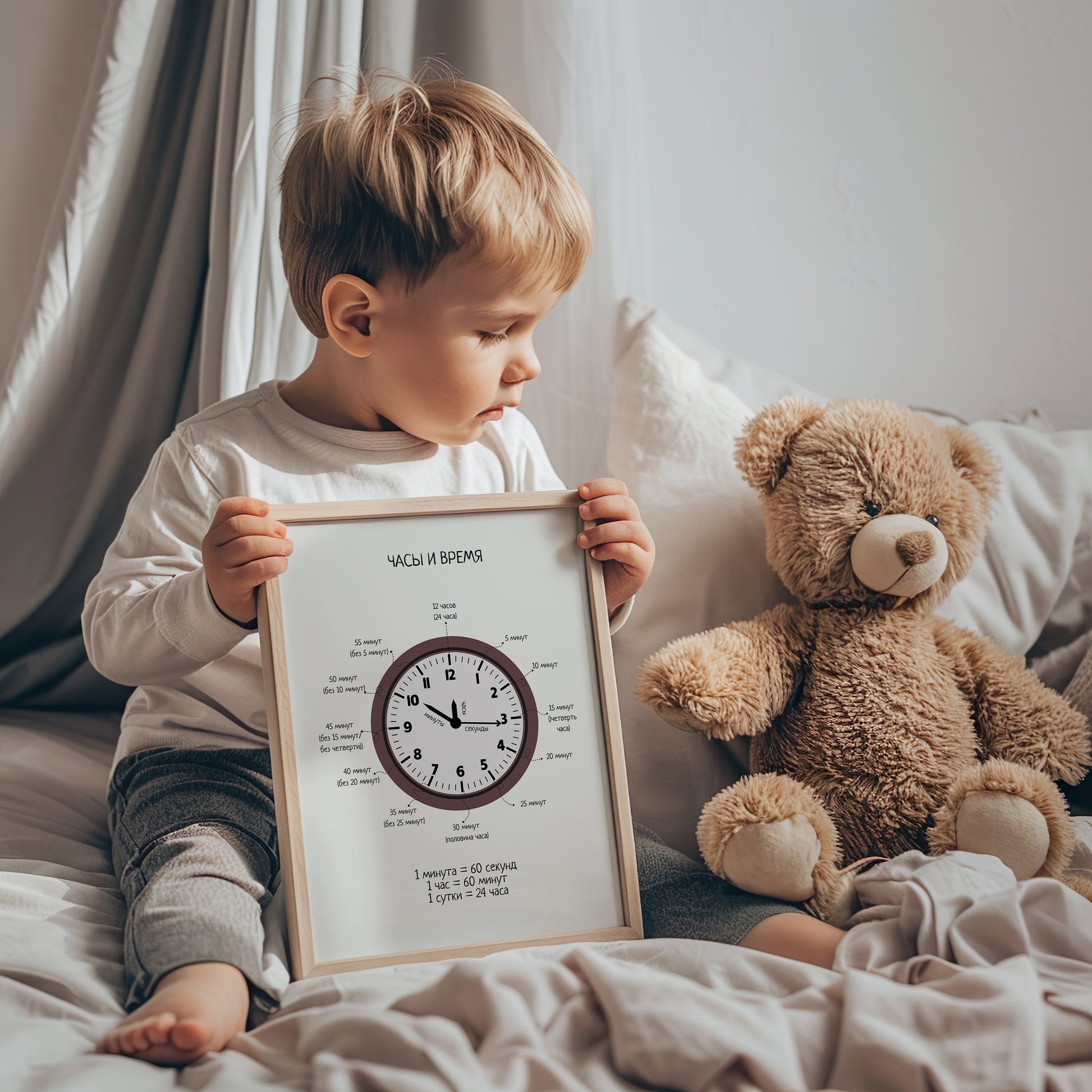 Постер "Часы и Время"| Educational Poster "Telling the Time" (Actual Print) in Russian. Home & Classroom Decor, *Frame not included