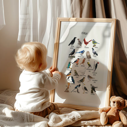 Постер "Птицы"| Educational Poster "Birds" (Actual Print) in Russian. Home & Classroom Decor, *Frame not included