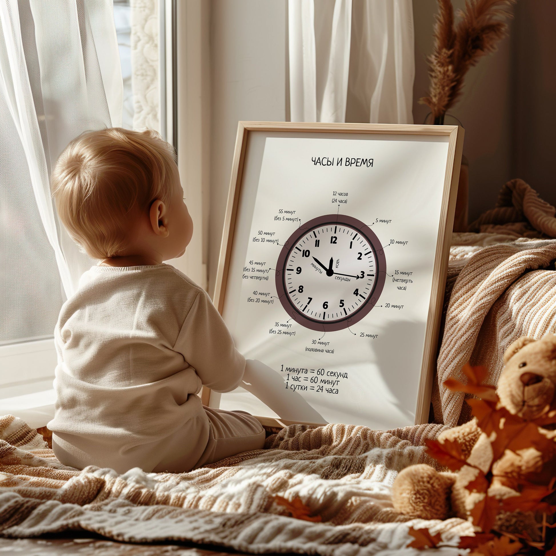 Обучающий плакат "Часы и Время" | Telling the Time, Educational Poster in Russian, Montessori Learning Printable Poster, Kids Room Decor