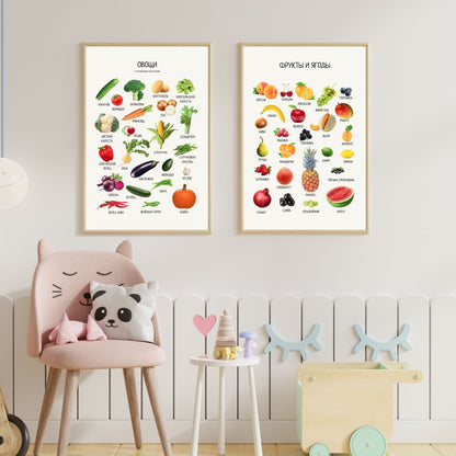 Fruits and Veggies Set of 4 Russian Educational Posters, Toddler Playroom Decor, Educational Wall Art Prints, Montessori Materials