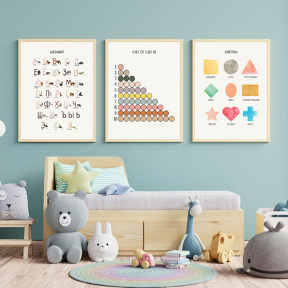 Set of 10 Russian Nursery Prints, Educational Posters, Feelings and Emotions Posters, Homeschool Prints, Montessori Decor, Playroom Posters